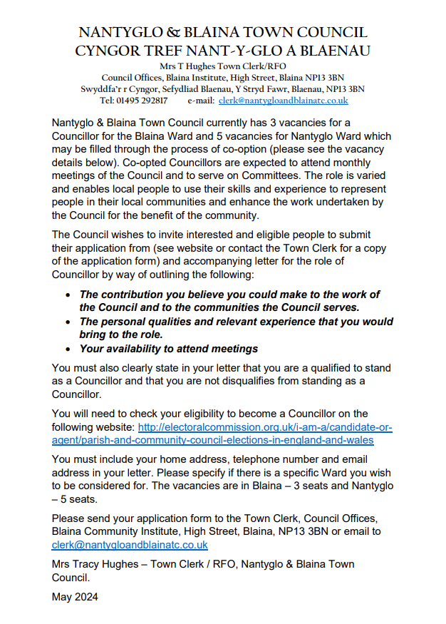 Town Councillor vacancies available