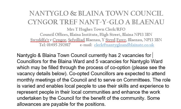 Councillor Vacancies for Nantyglo & Blaina