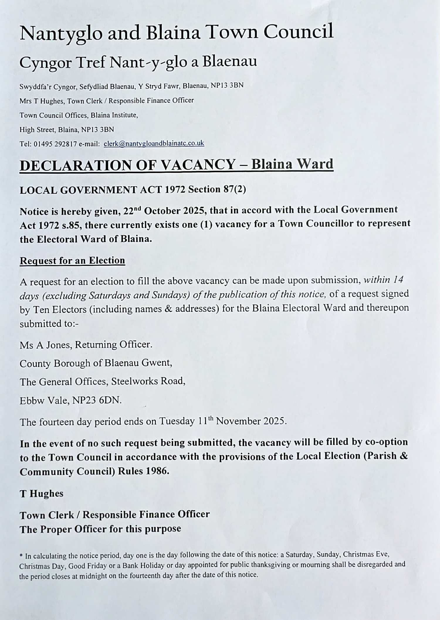 Declaration of Vacancy